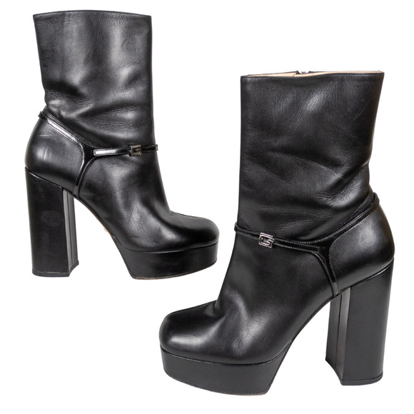GUCCI Tiarah Black Leather Platform Boots G Logo Square Toe Women's EU 37.5 - Picture 2 of 13